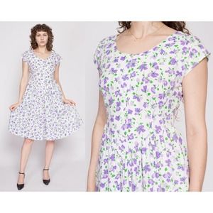 90s White Floral Fit & Flare Midi Dress - Petite Medium | Vintage Boho Dress